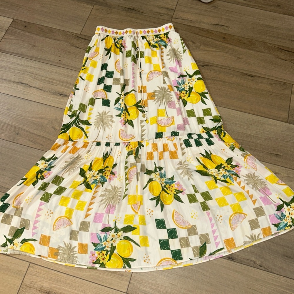 Rachel Zoe Maxi Skirt Lemons Palm Trees Peplum Cruise Festival Travel Size S - Picture 1 of 7
